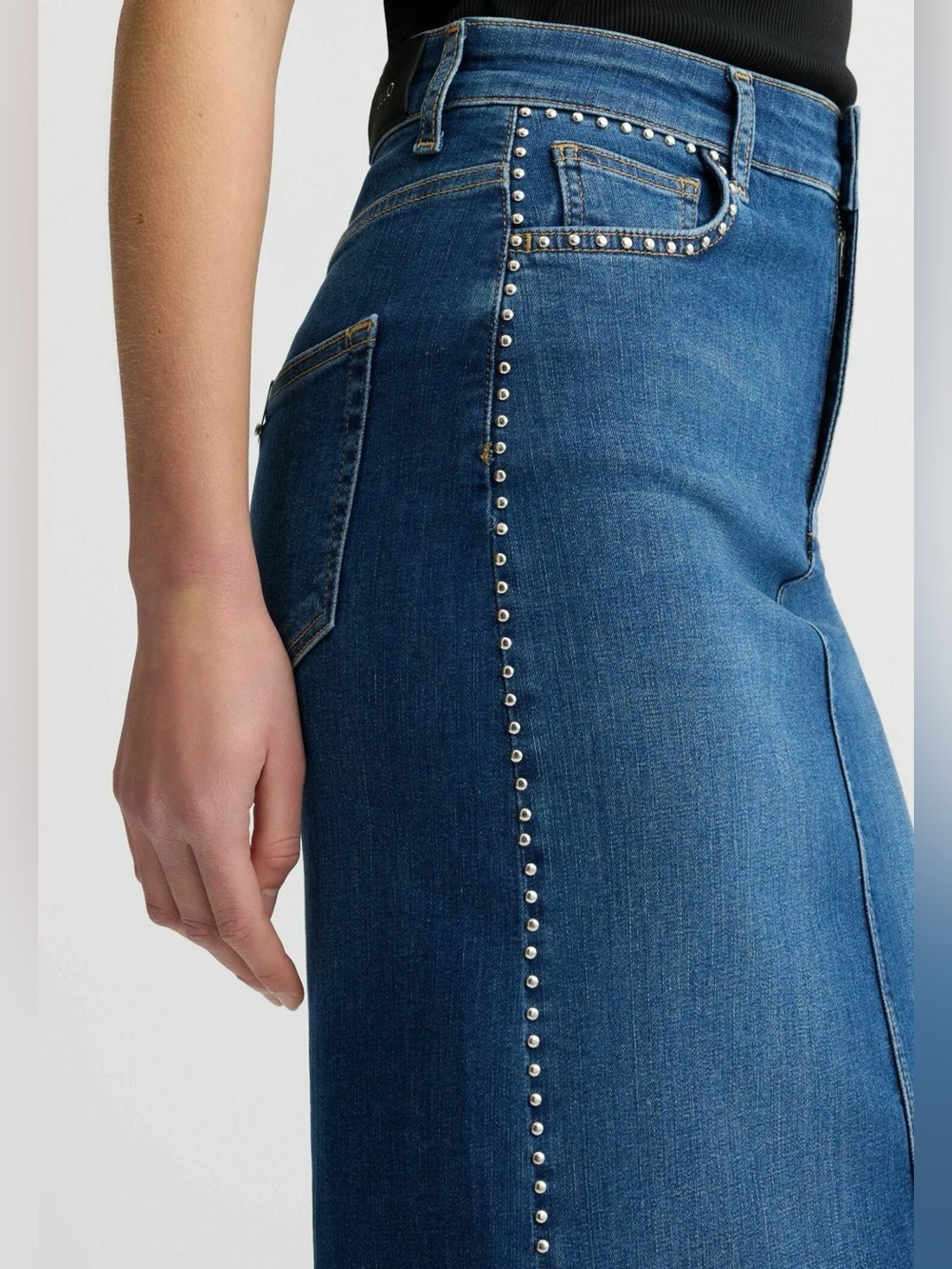 LIU-JO MILANO Women’s Dark Blue Denim Maxi Skirt with Stud Detail-stretchy